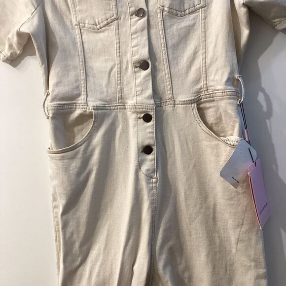 Avec Les Filles Tie Waist Denim Jumpsuit – Ecru Cream Women’s One Piece - Picture 7 of 15